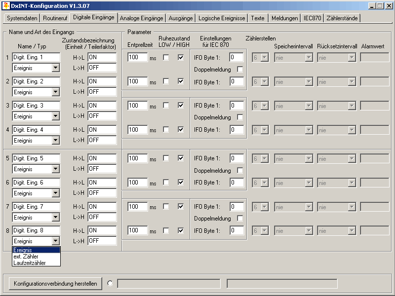 Registerkarte Digitale Eingänge